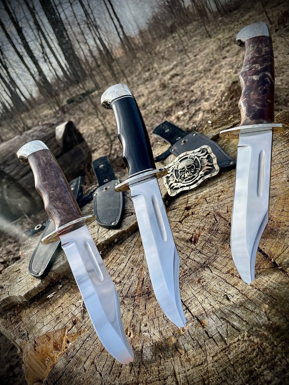 Три ножа Buck 119 стоят клинками в спиле на фоне осеннего леса: рукояти из капа клёна и чёрная, зеркальные клинки с долом